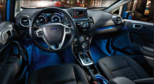 2014 Fiesta Titanium shown with standard Charcoal Black leather-trimmed seats, SYNC® with MyFord Touch,® Audio System from Sony® and available 6-speed automatic transmission. Sony is a registered trademark of the Sony Corporation.